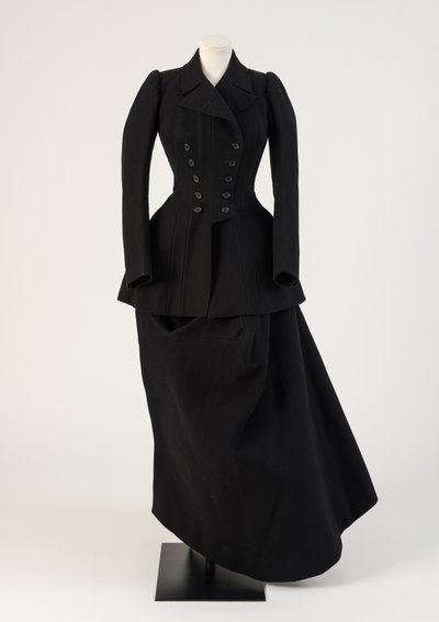 Abito da equitazione in lana nera su misura, con giacca e gonna da sella laterale, 1890 da Unbekannt Unbekannt
